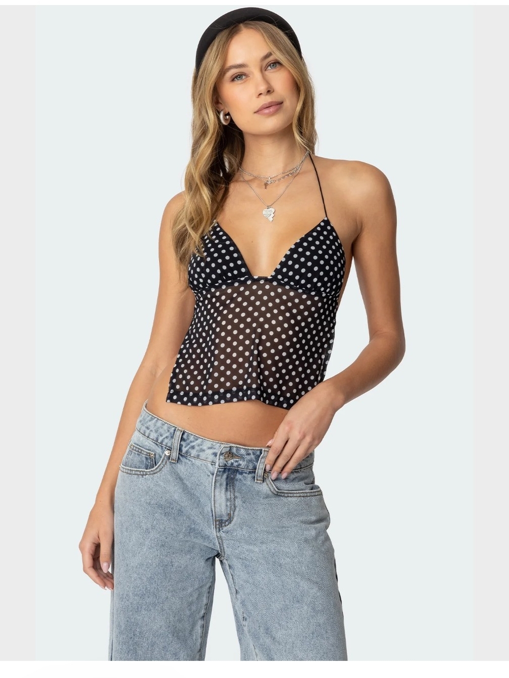 Edikted Polka Dot Backless Chiffon Top - Chocolate Brown - Picture 2 of 5